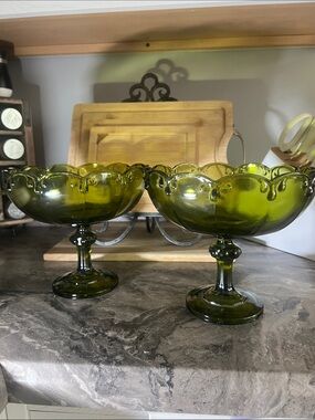 Pair of Vintage Indiana Glass teardrop Compotes in avocado green.